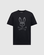 Psycho Bunny’s MENS PAYSON LEATHER PRINT GRAPHIC TEE - B6U213E200 is a black Pima cotton jersey tee with a silver skull featuring bunny ears and crossbones design on the front.