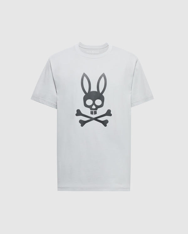 The Psycho Bunny MENS PAYSON LEATHER PRINT GRAPHIC TEE (B6U213E200) features a black skull and crossbones with bunny ears design on white Pima cotton, creating a striking look against the plain background.