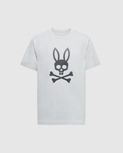 The Psycho Bunny MENS PAYSON LEATHER PRINT GRAPHIC TEE (B6U213E200) features a black skull and crossbones with bunny ears design on white Pima cotton, creating a striking look against the plain background.
