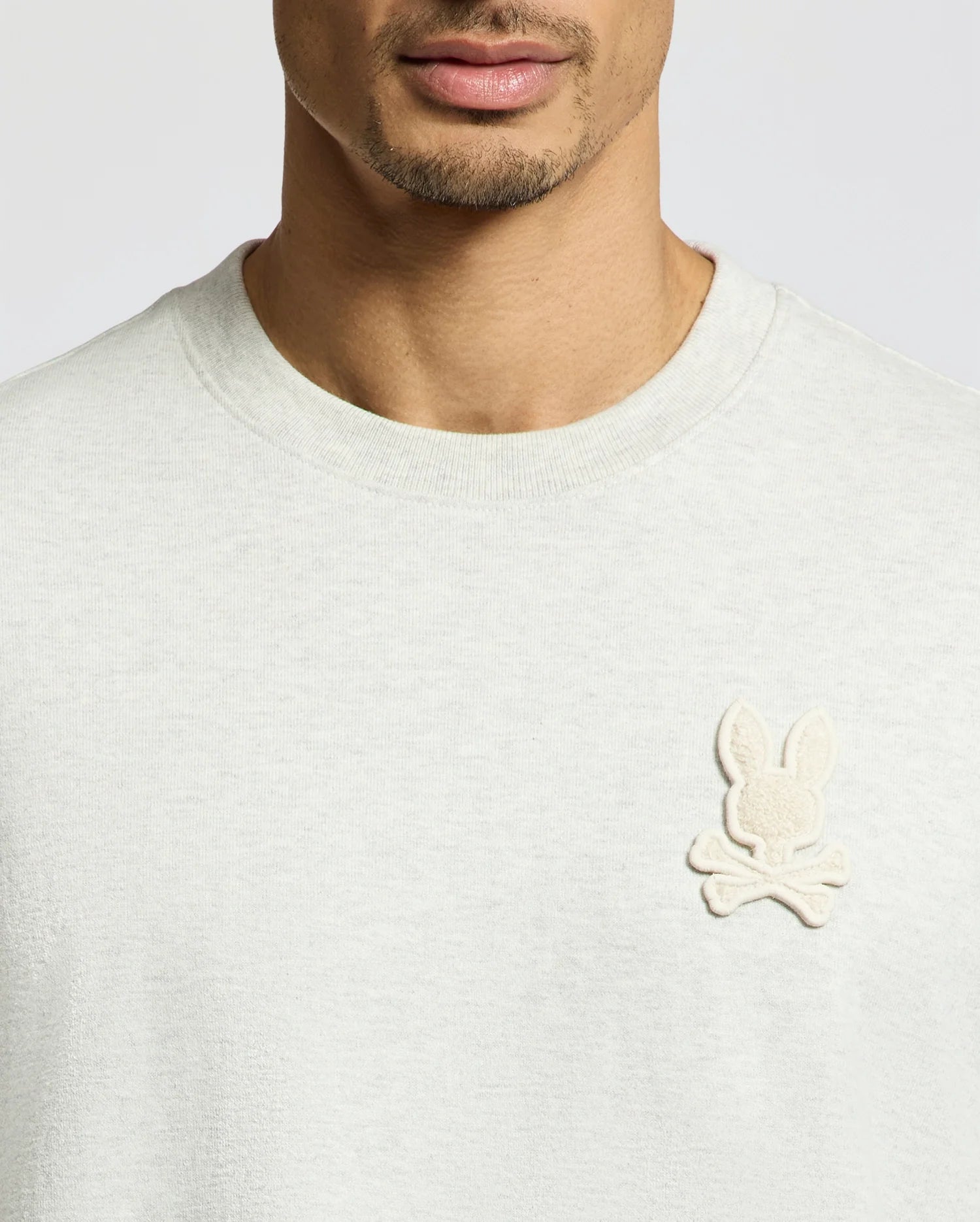 Wearing the Psycho Bunny "MENS ELDORADO OVERSIZED TEE - B6U215E200", a relaxed-fit, light gray heavyweight Pima cotton jersey features an embroidered beige cartoon bunny head with crossbones on the left chest against a plain neutral background.