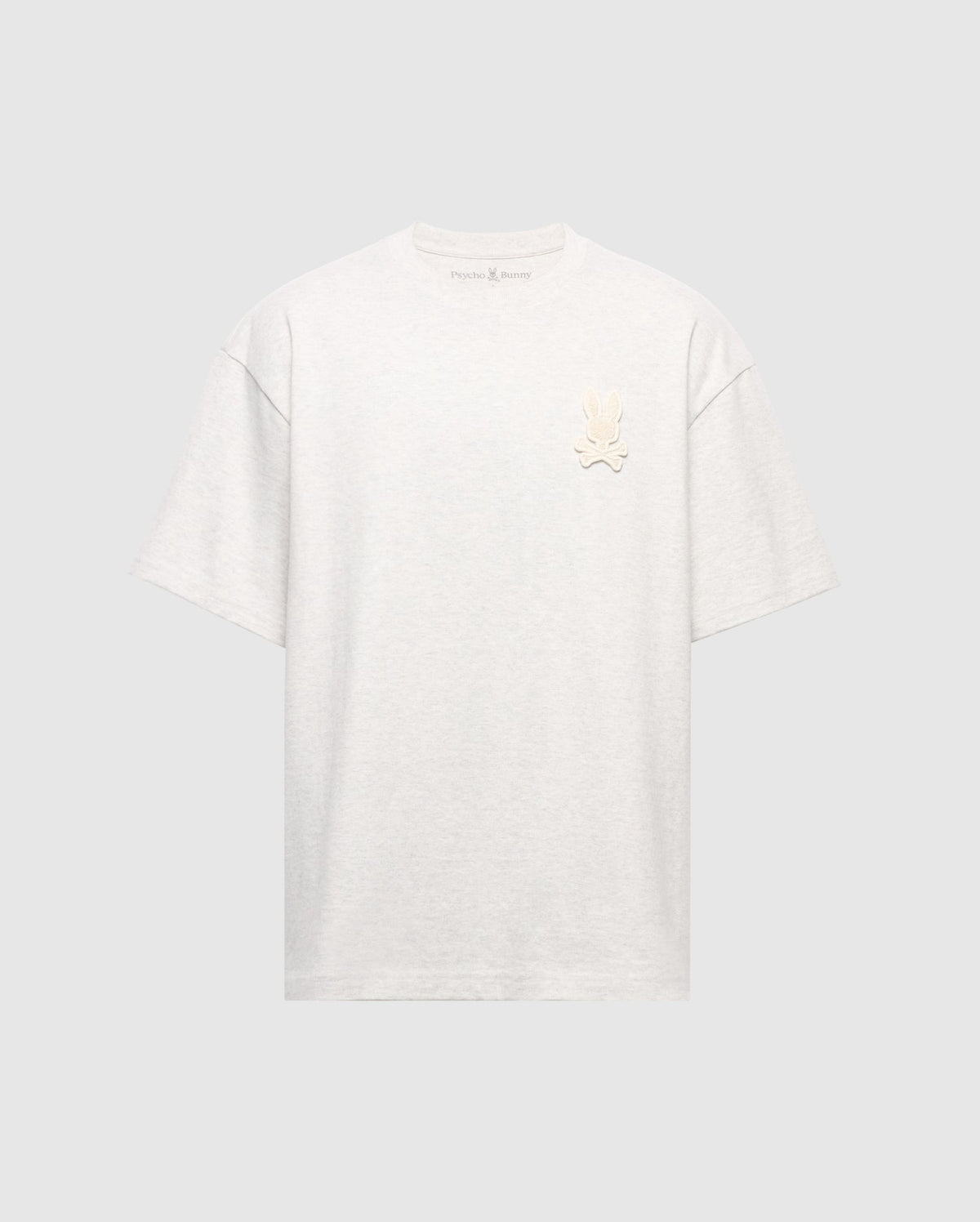 The Psycho Bunny MENS ELDORADO HEAVY WEIGHT RELAXED FIT TEE - B6U215E200 is a gray short-sleeve shirt made from premium Peruvian Pima cotton, offering a relaxed fit and featuring an understated embroidered design near the left shoulder on a plain background.