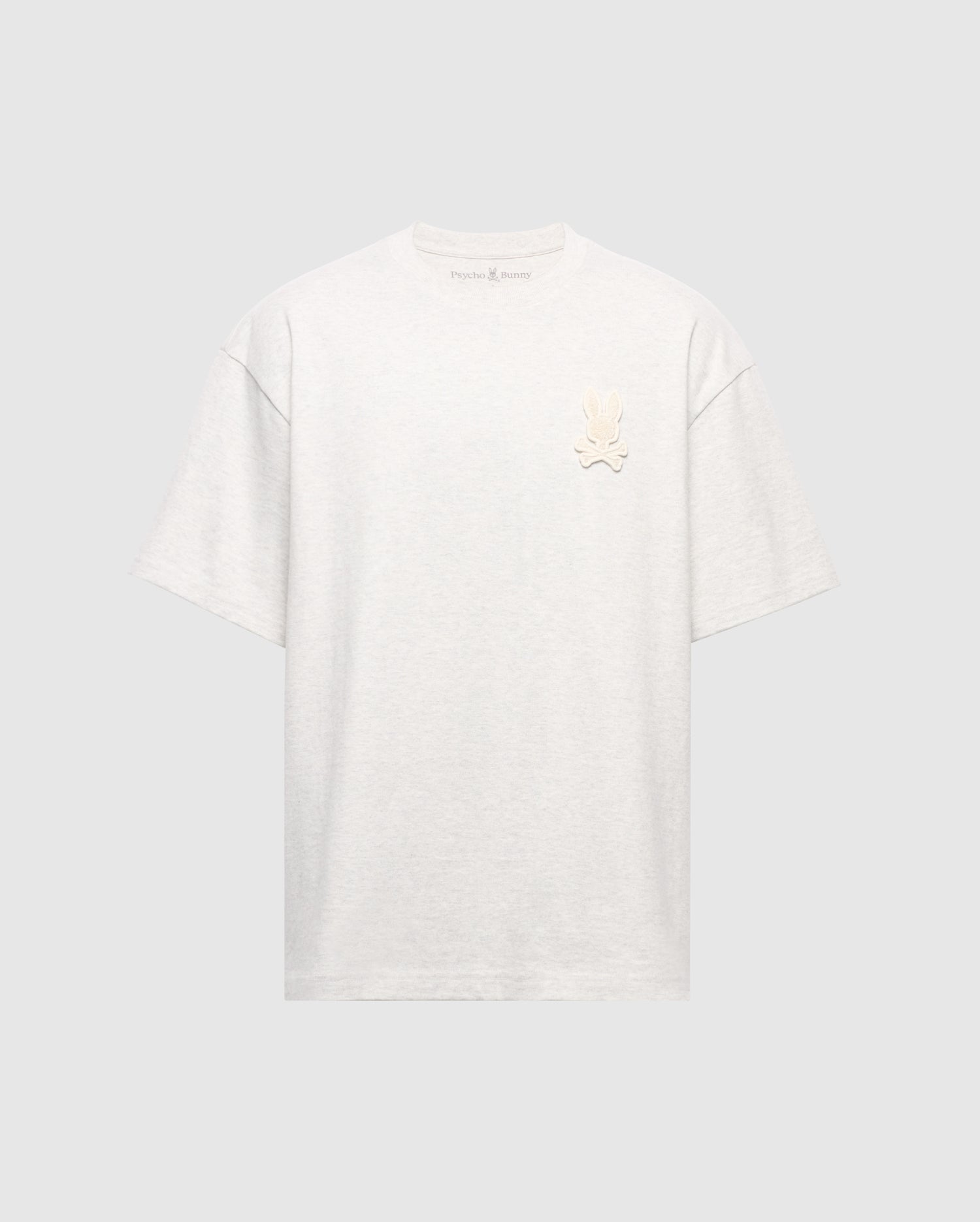 The Psycho Bunny MENS ELDORADO HEAVY WEIGHT RELAXED FIT TEE - B6U215E200 is a gray short-sleeve shirt made from premium Peruvian Pima cotton, offering a relaxed fit and featuring an understated embroidered design near the left shoulder on a plain background.