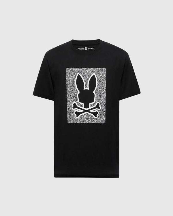 The Psycho Bunny MENS ROCKTON GRAPHIC TEE - B6U247C200 is a black T-shirt made from soft, 100% Pima cotton. It features a white geometric pattern with a bunny head and crossbones in the center with static-like texture, and "Psycho Bunny" text on the collar, crafted in Peru for top quality and comfort.