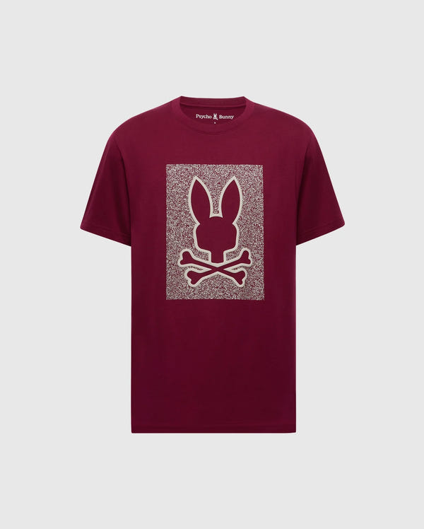 The MENS ROCKTON GRAPHIC TEE - B6U247C200 by Psycho Bunny is a maroon Pima cotton shirt featuring a stylized bunny head with long ears and crossbones on a patterned rectangular backdrop, blending comfort and style seamlessly.