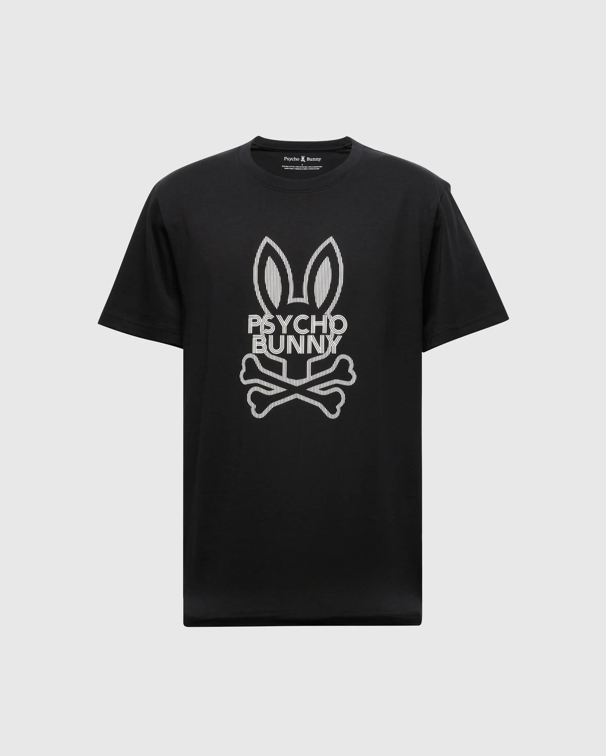 The MENS DUMON GRAPHIC TEE - B6U271E200 by Psycho Bunny features a premium Peruvian Pima Cotton design emblazoned with the brand's signature logo, depicting bunny ears above crossed bones on the front.