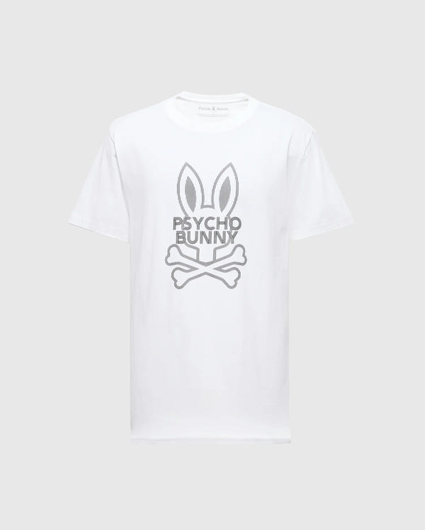 The MENS DUMON GRAPHIC TEE - B6U271E200 by Psycho Bunny is a Men's Graphic T-Shirt made from Premium Pima Cotton, showcasing a white design with graphics of bunny ears above crossed bones and the text "Psycho Bunny" in gray.