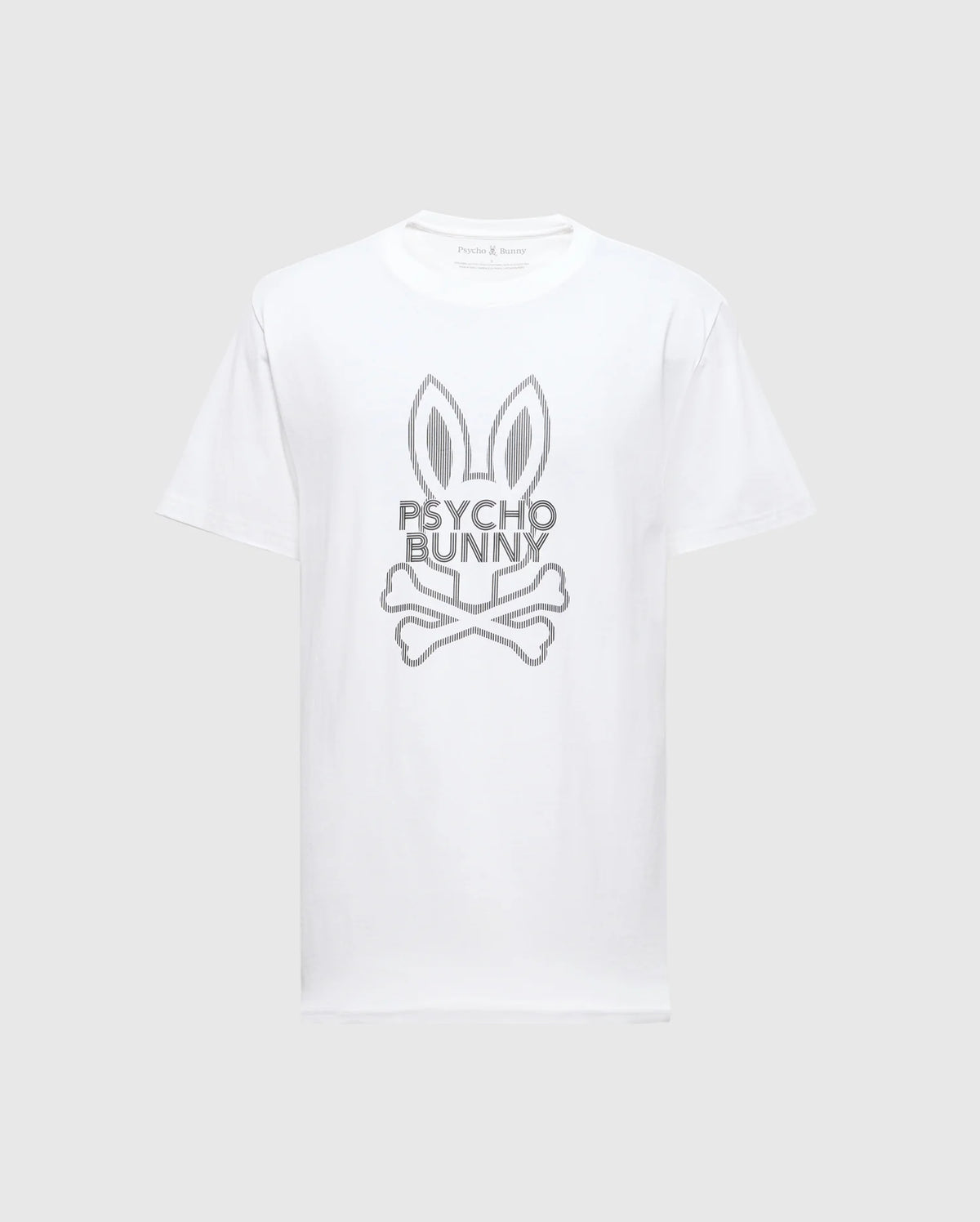 The MENS DUMON GRAPHIC TEE - B6U271E200 by Psycho Bunny is a Men's Graphic T-Shirt made from Premium Pima Cotton, showcasing a white design with graphics of bunny ears above crossed bones and the text "Psycho Bunny" in gray.