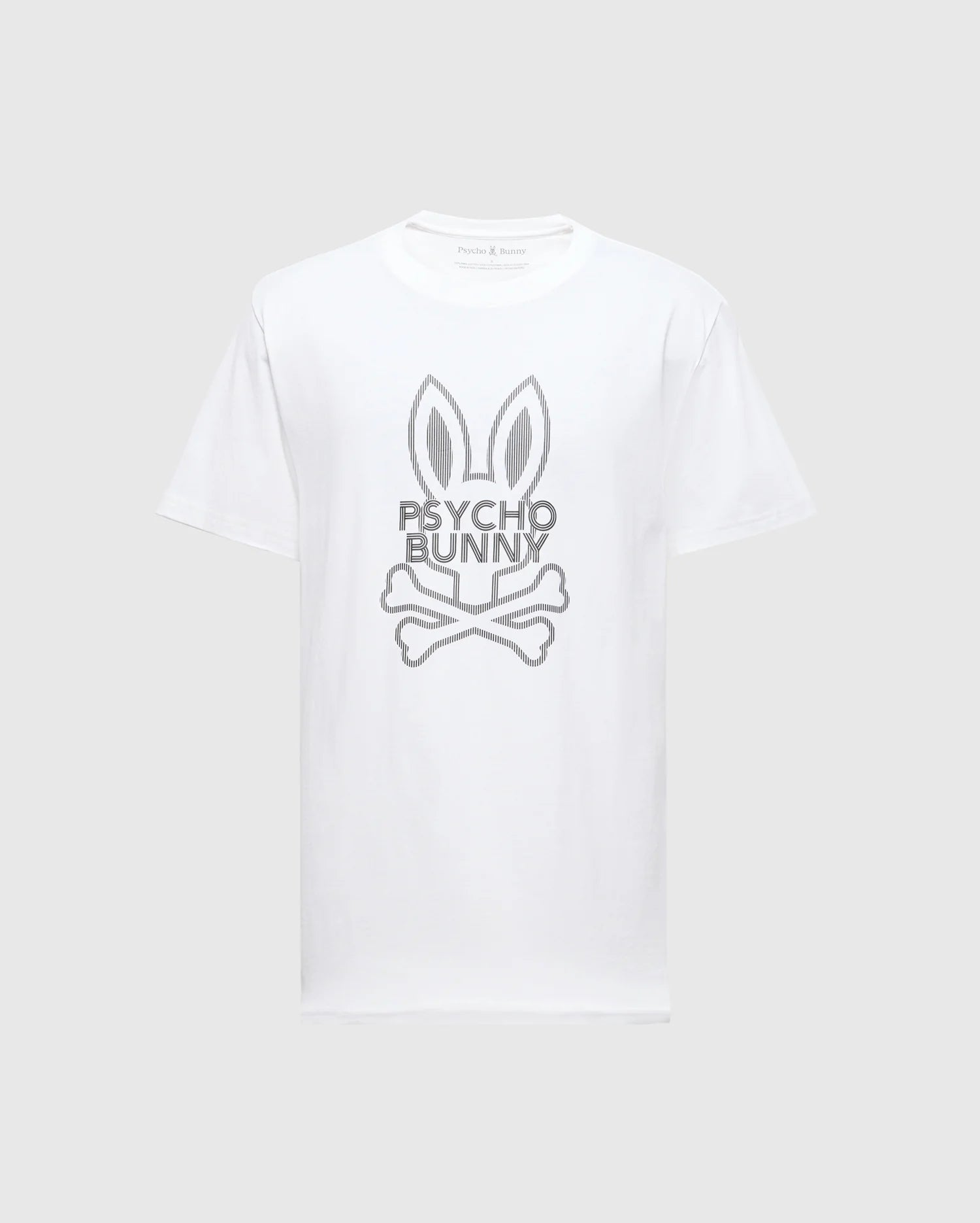 The MENS DUMON GRAPHIC TEE - B6U271E200 by Psycho Bunny is a Men's Graphic T-Shirt made from Premium Pima Cotton, showcasing a white design with graphics of bunny ears above crossed bones and the text "Psycho Bunny" in gray.