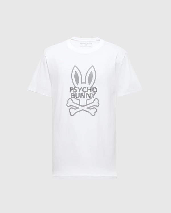 The MENS DUMON GRAPHIC TEE - B6U271E200 by Psycho Bunny is a Men's Graphic T-Shirt made from Premium Pima Cotton, showcasing a white design with graphics of bunny ears above crossed bones and the text "Psycho Bunny" in gray.