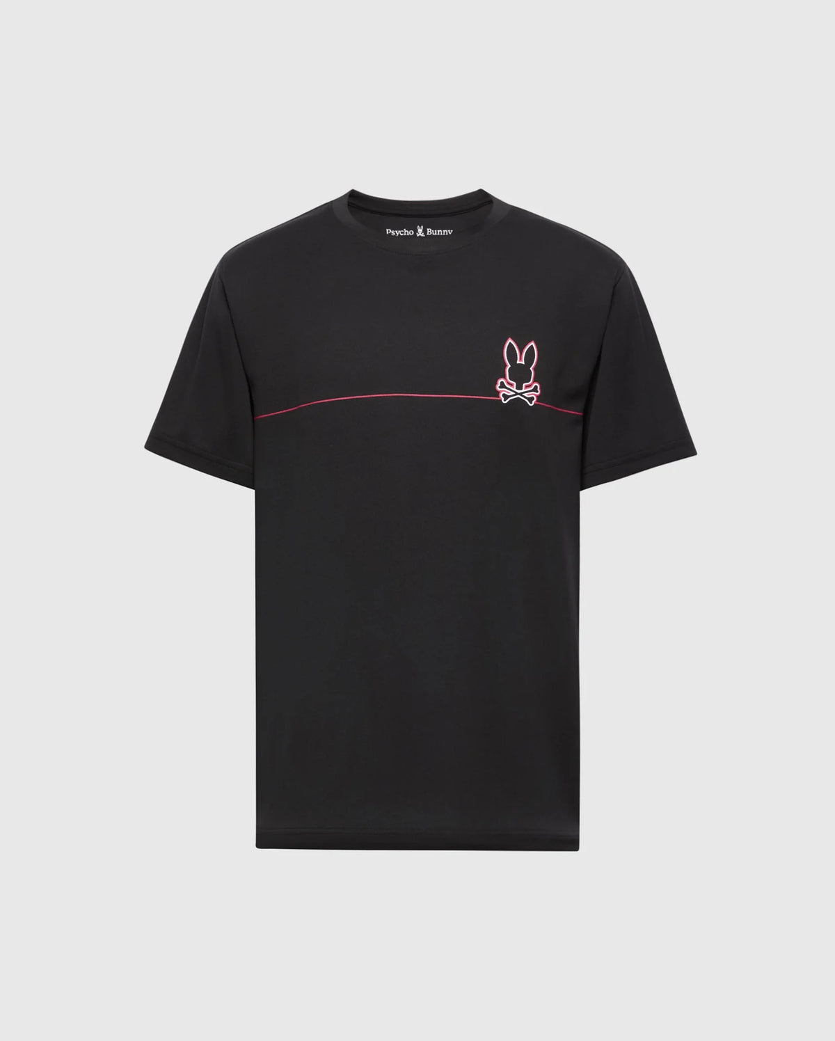 The Psycho Bunny Men's Dacano Chest Graphic Sport Tee (B6U313E200) is a black T-shirt with a pink bunny outline and bow tie above a chest line. Made from moisture-wicking performance fabric, it keeps you cool and dry during workouts.