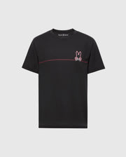 The Psycho Bunny Men's Dacano Chest Graphic Sport Tee (B6U313E200) is a black T-shirt with a pink bunny outline and bow tie above a chest line. Made from moisture-wicking performance fabric, it keeps you cool and dry during workouts.