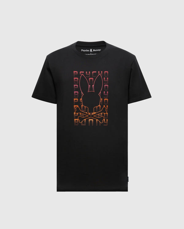 The Black Men's Cortes Graphic Tee by Psycho Bunny, made from lightweight Pima cotton, showcases a vibrant gradient graphic of a bunny skull and crossbones on the front. The background is adorned with repeated "Psycho Bunny" text, giving this t-shirt a bold and stylish look.