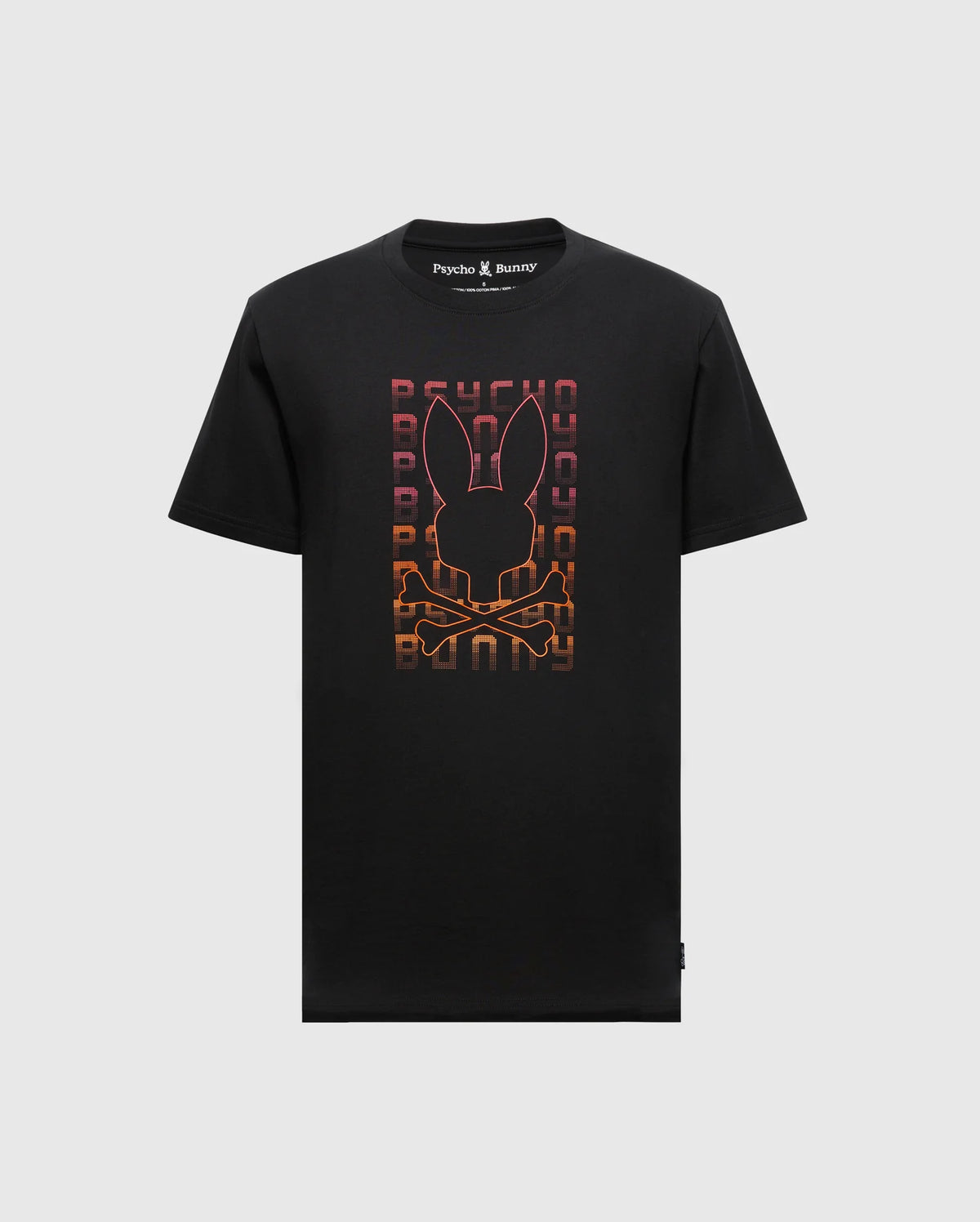 The Black Men's Cortes Graphic Tee by Psycho Bunny, made from lightweight Pima cotton, showcases a vibrant gradient graphic of a bunny skull and crossbones on the front. The background is adorned with repeated "Psycho Bunny" text, giving this t-shirt a bold and stylish look.
