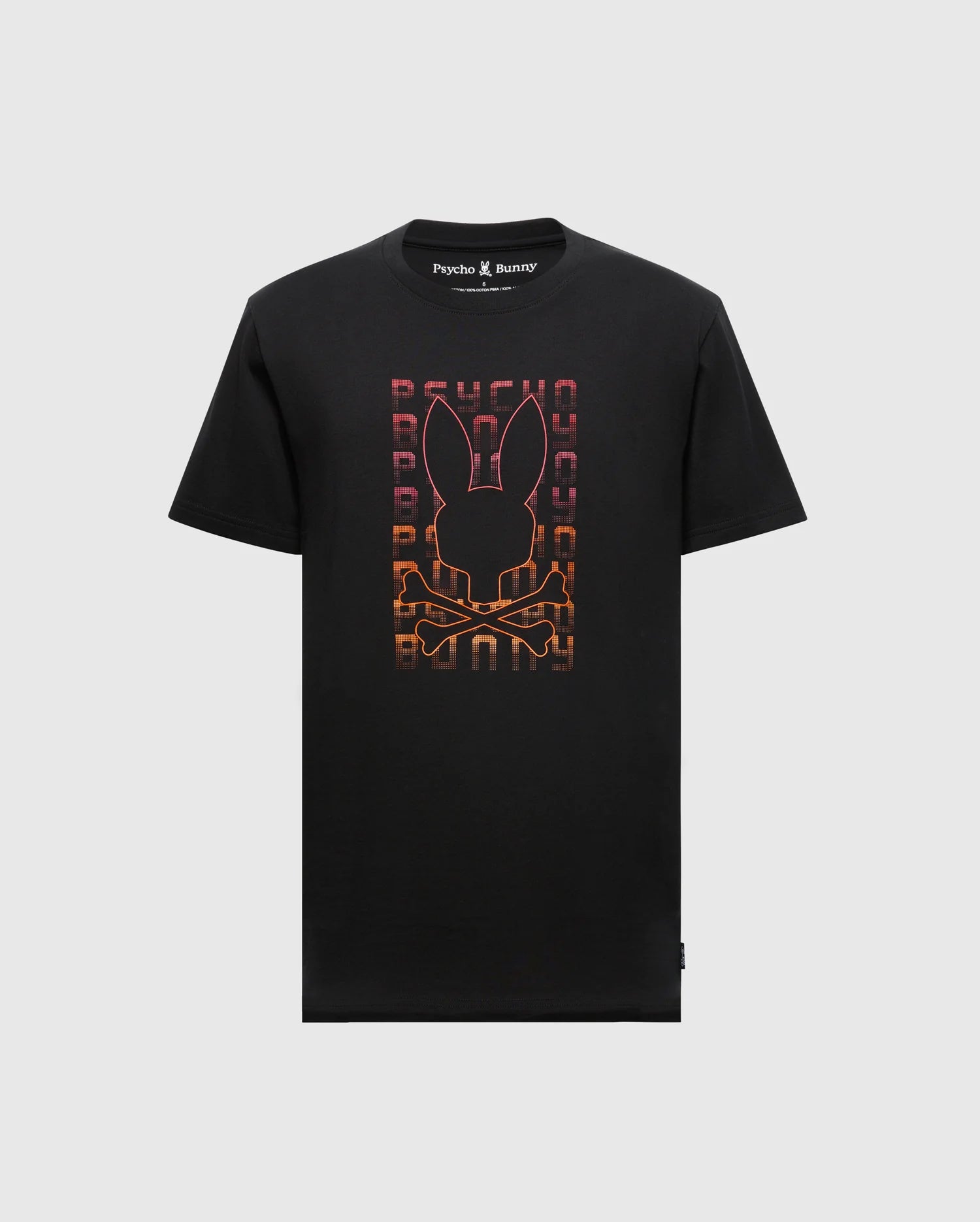 The Black Men's Cortes Graphic Tee by Psycho Bunny, made from lightweight Pima cotton, showcases a vibrant gradient graphic of a bunny skull and crossbones on the front. The background is adorned with repeated "Psycho Bunny" text, giving this t-shirt a bold and stylish look.