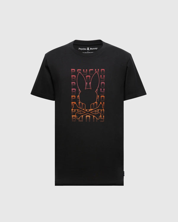 The Black Men's Cortes Graphic Tee by Psycho Bunny, made from lightweight Pima cotton, showcases a vibrant gradient graphic of a bunny skull and crossbones on the front. The background is adorned with repeated "Psycho Bunny" text, giving this t-shirt a bold and stylish look.
