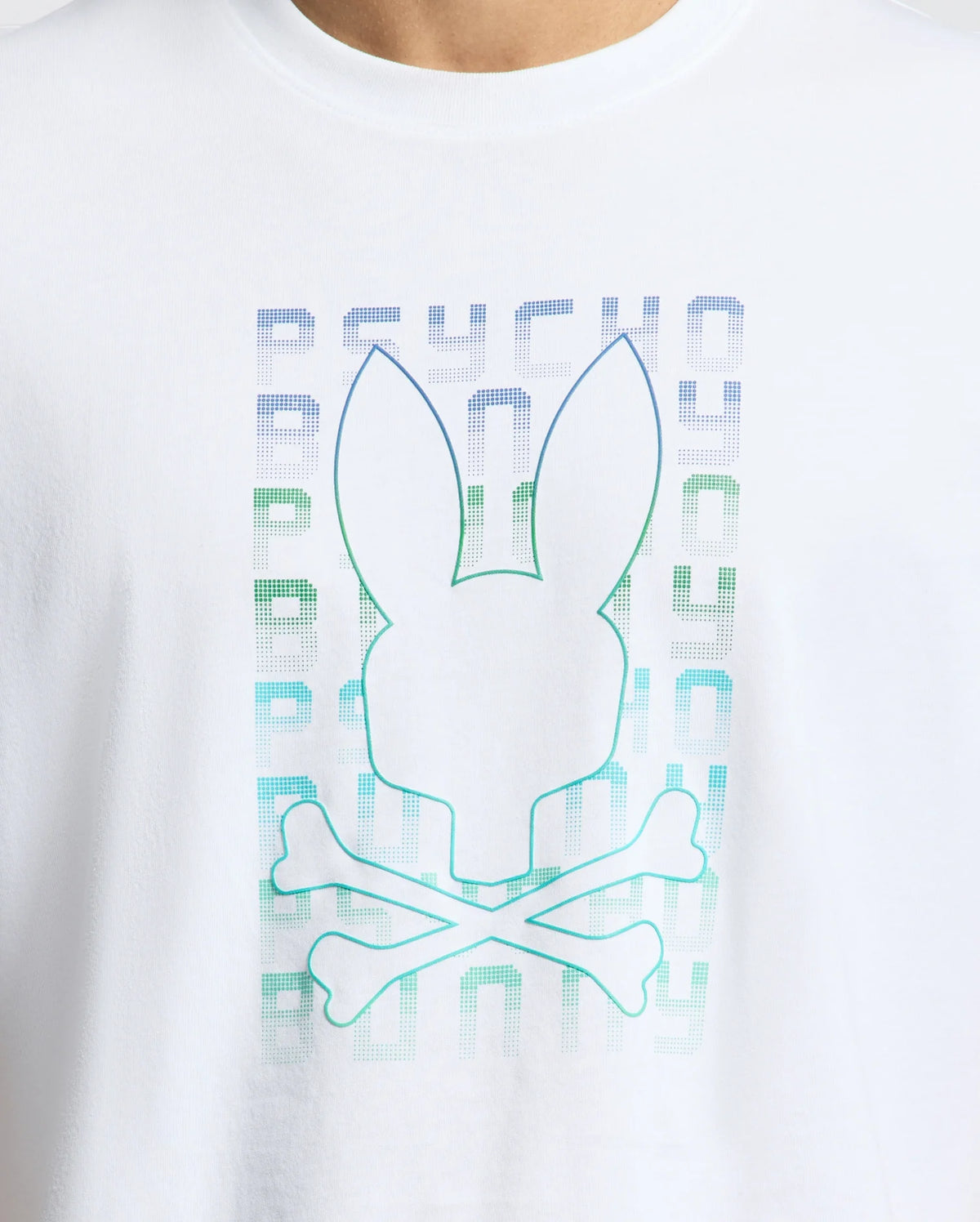 The Psycho Bunny Men's Cortes Graphic Tee (B6U328E200) features a bunny skull and crossbones outline, with "PSYCHO BUNNY" in a vibrant blue-to-green gradient, enhancing its unique design.