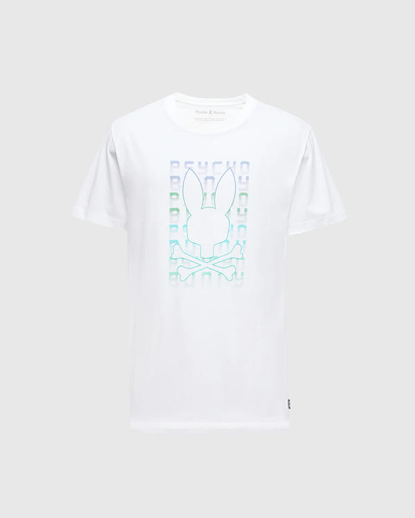 The Psycho Bunny MENS CORTES GRAPHIC TEE - B6U328E200 is a white tee crafted from soft cotton, featuring a holographic bunny head above crossbones graphic.