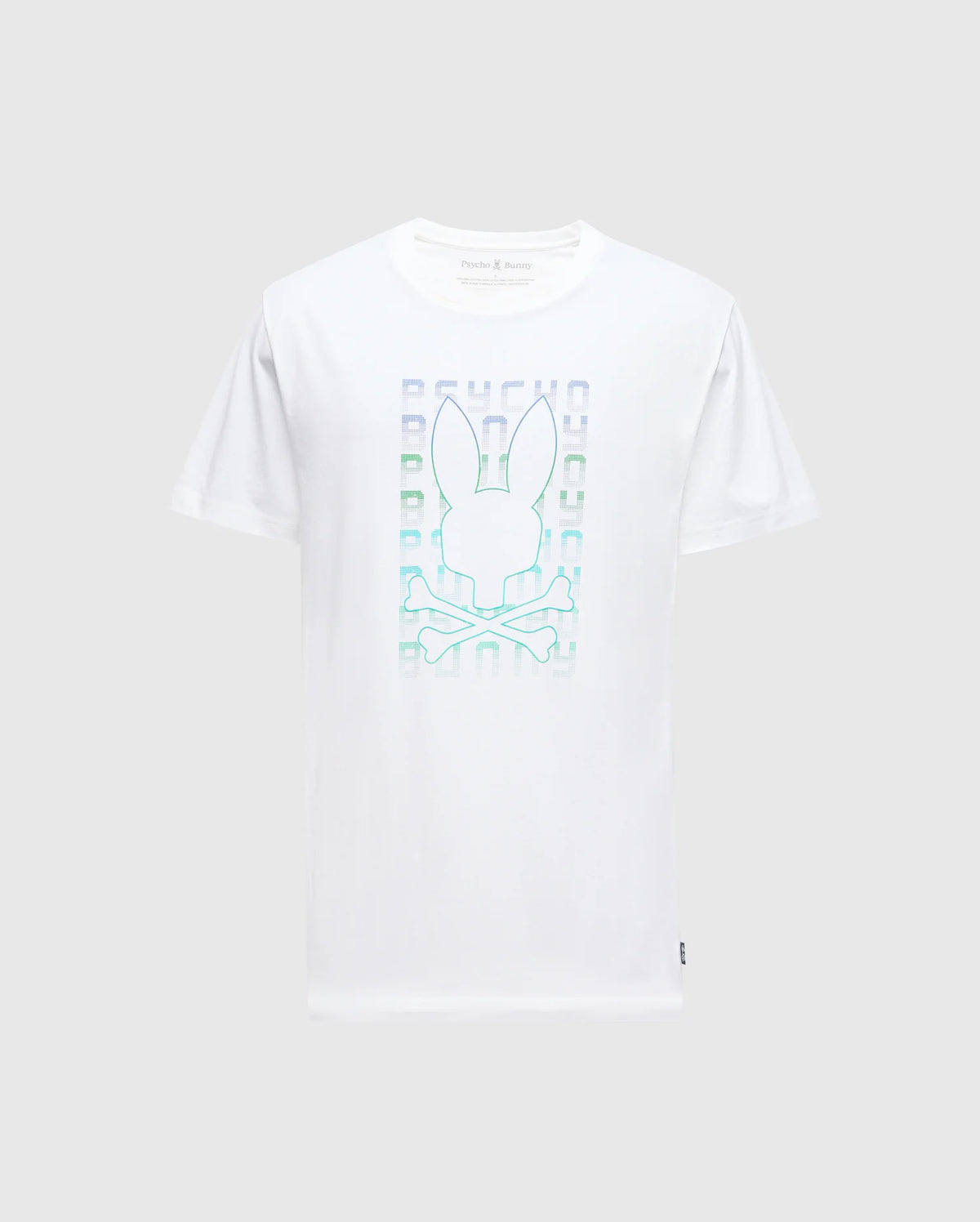 The Psycho Bunny MENS CORTES GRAPHIC TEE - B6U328E200 is a white tee crafted from soft cotton, featuring a holographic bunny head above crossbones graphic.