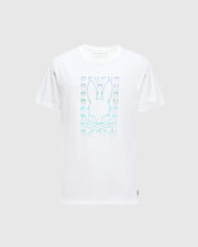 The Psycho Bunny MENS CORTES GRAPHIC TEE - B6U328E200 is a white tee crafted from soft cotton, featuring a holographic bunny head above crossbones graphic.