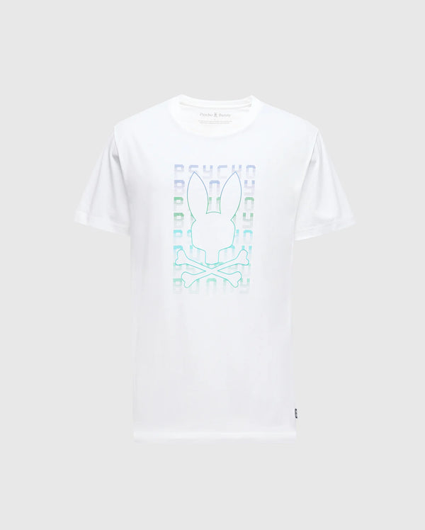 The Psycho Bunny MENS CORTES GRAPHIC TEE - B6U328E200 is a white tee crafted from soft cotton, featuring a holographic bunny head above crossbones graphic.