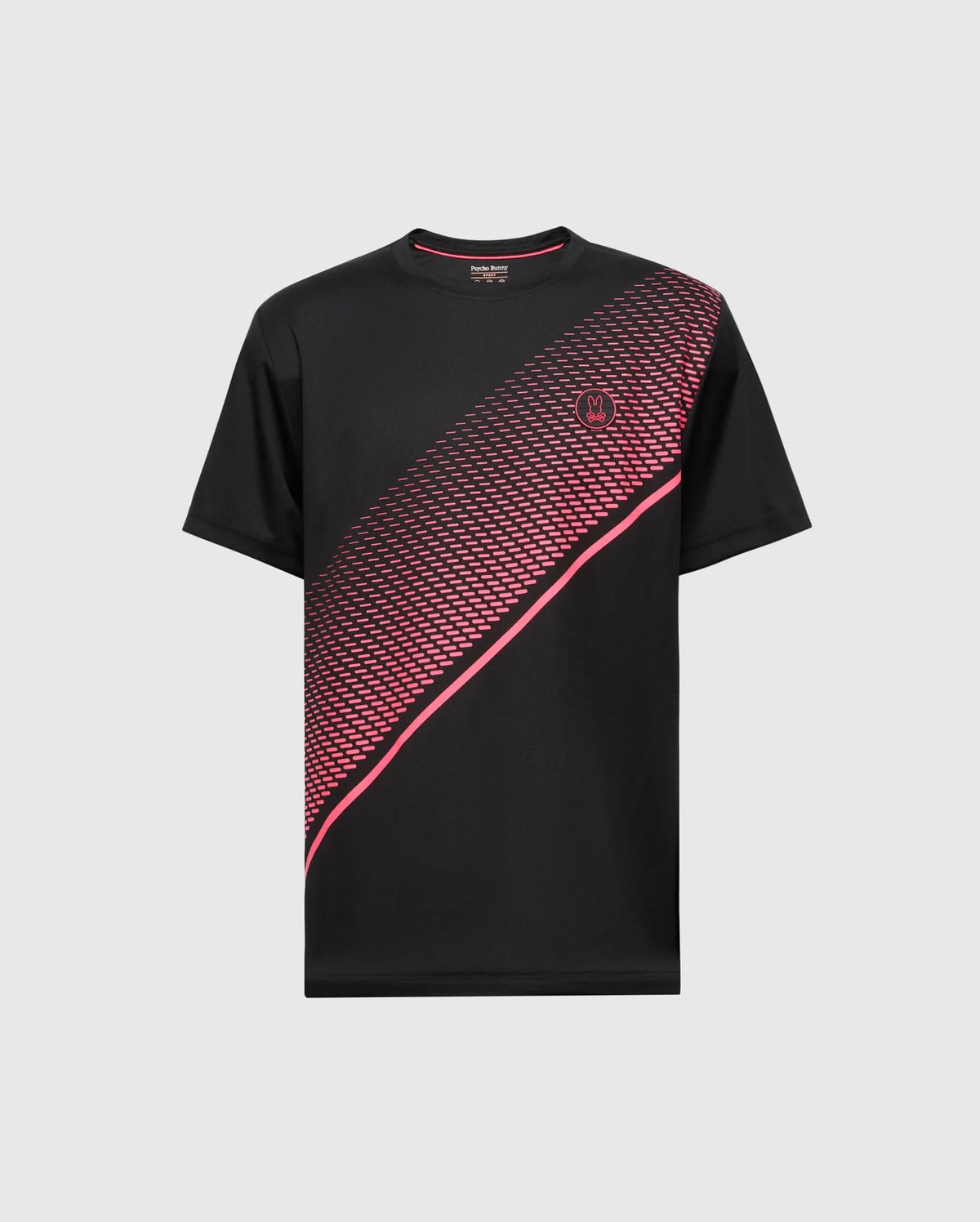 The Psycho Bunny MENS MACK SPORT TEE (B6U335E200) is a black T-shirt featuring a diagonal pink and red geometric design on the front, crafted with Peruvian quality. It includes a small logo on the upper left chest.