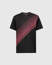 The Psycho Bunny MENS MACK SPORT TEE (B6U335E200) is a black T-shirt featuring a diagonal pink and red geometric design on the front, crafted with Peruvian quality. It includes a small logo on the upper left chest.