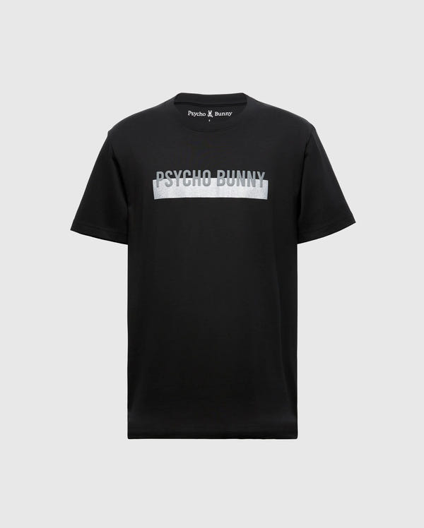 The MENS BROOKPORT GRAPHIC TEE - B6U362E200 by Psycho Bunny is a men's black T-shirt made from premium Pima cotton, showcasing the distinctive "Psycho Bunny" logo across the chest in light lettering. It is set against a plain gray backdrop.