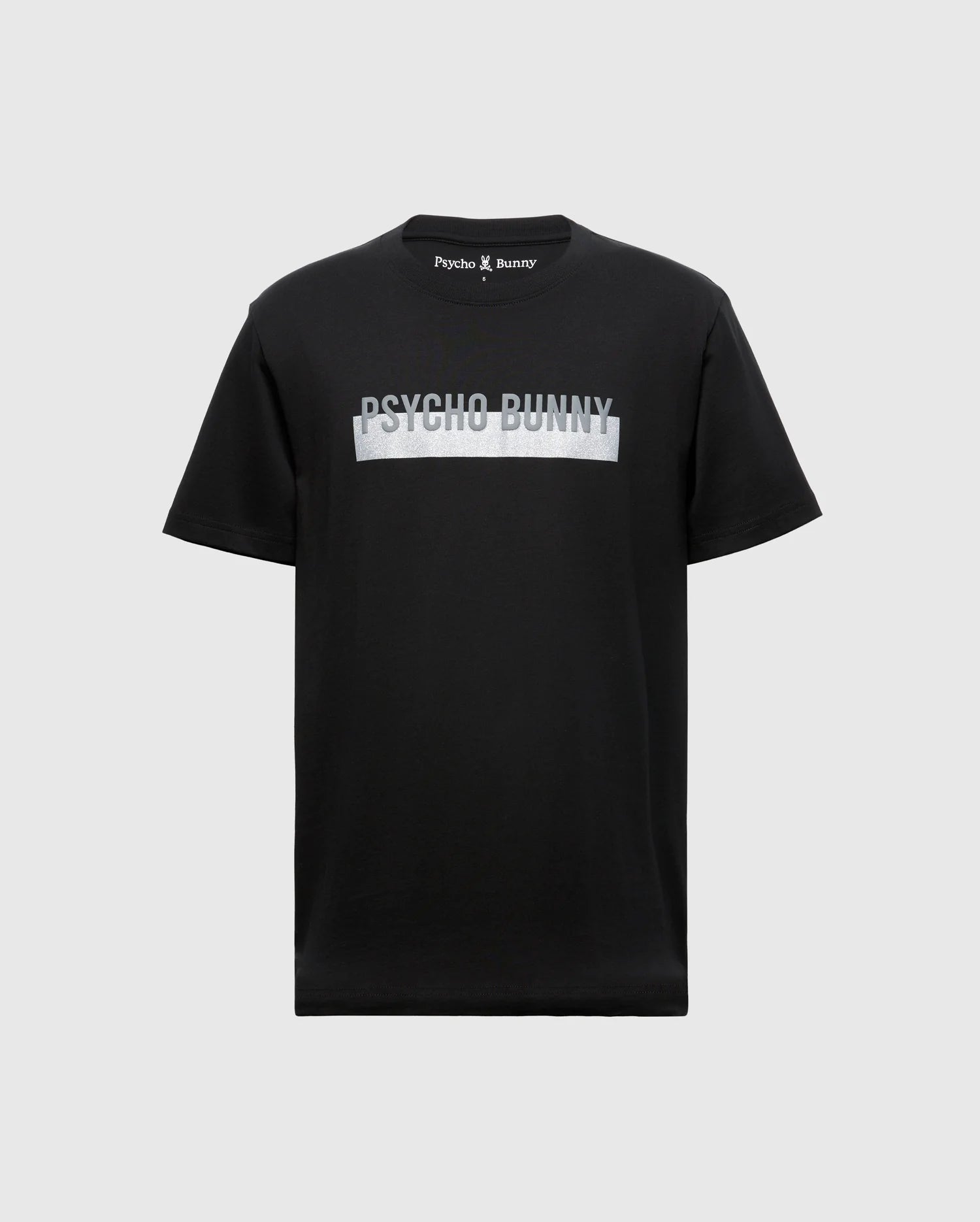 The MENS BROOKPORT GRAPHIC TEE - B6U362E200 by Psycho Bunny is a men's black T-shirt made from premium Pima cotton, showcasing the distinctive "Psycho Bunny" logo across the chest in light lettering. It is set against a plain gray backdrop.