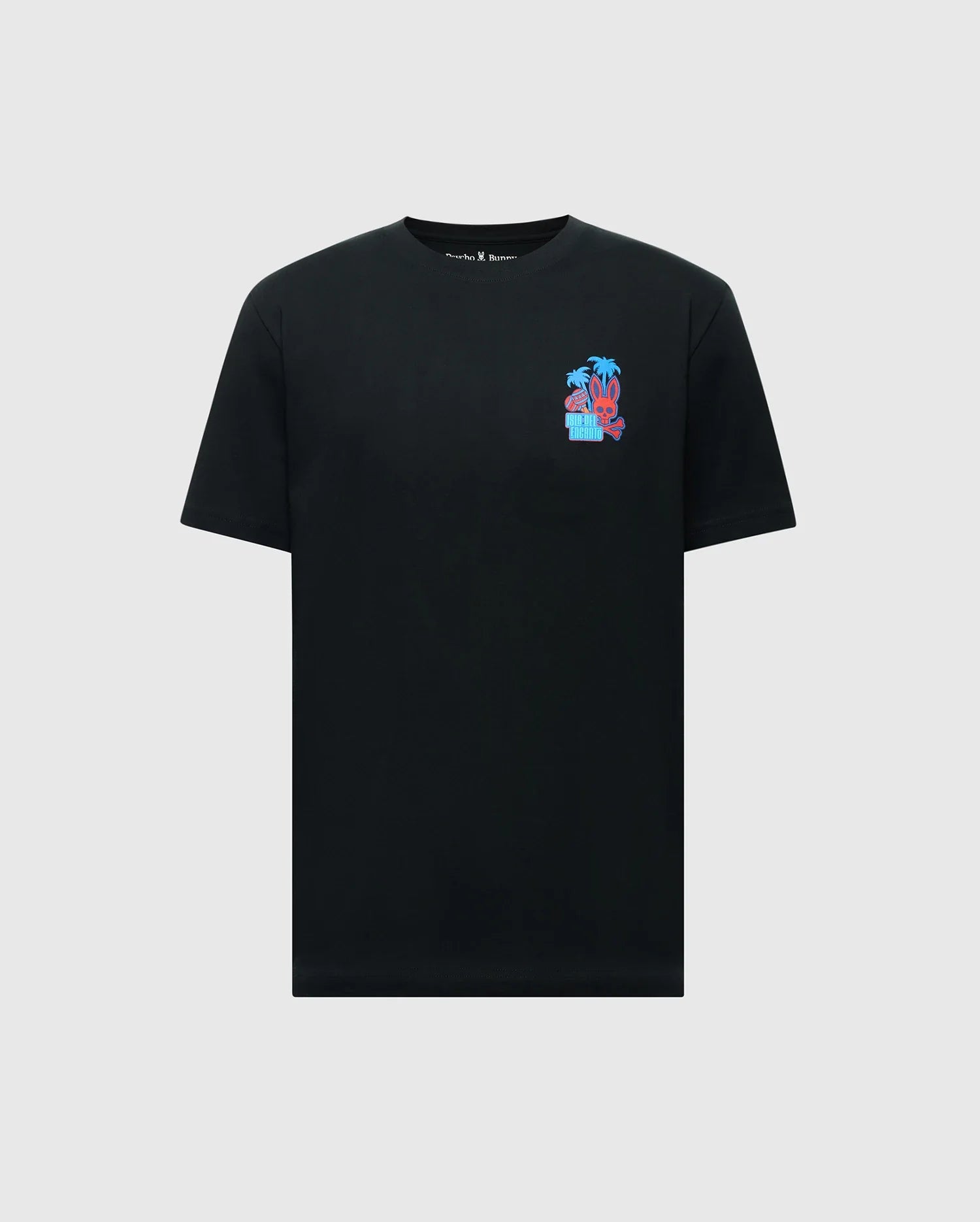 Showcase your Puerto Rican pride with Psycho Bunny's MENS PUERTO RICO TEE - B6U382F200. This black tee, made from soft Pima cotton, features a small, vibrant palm tree and sailboat design on the upper left chest.