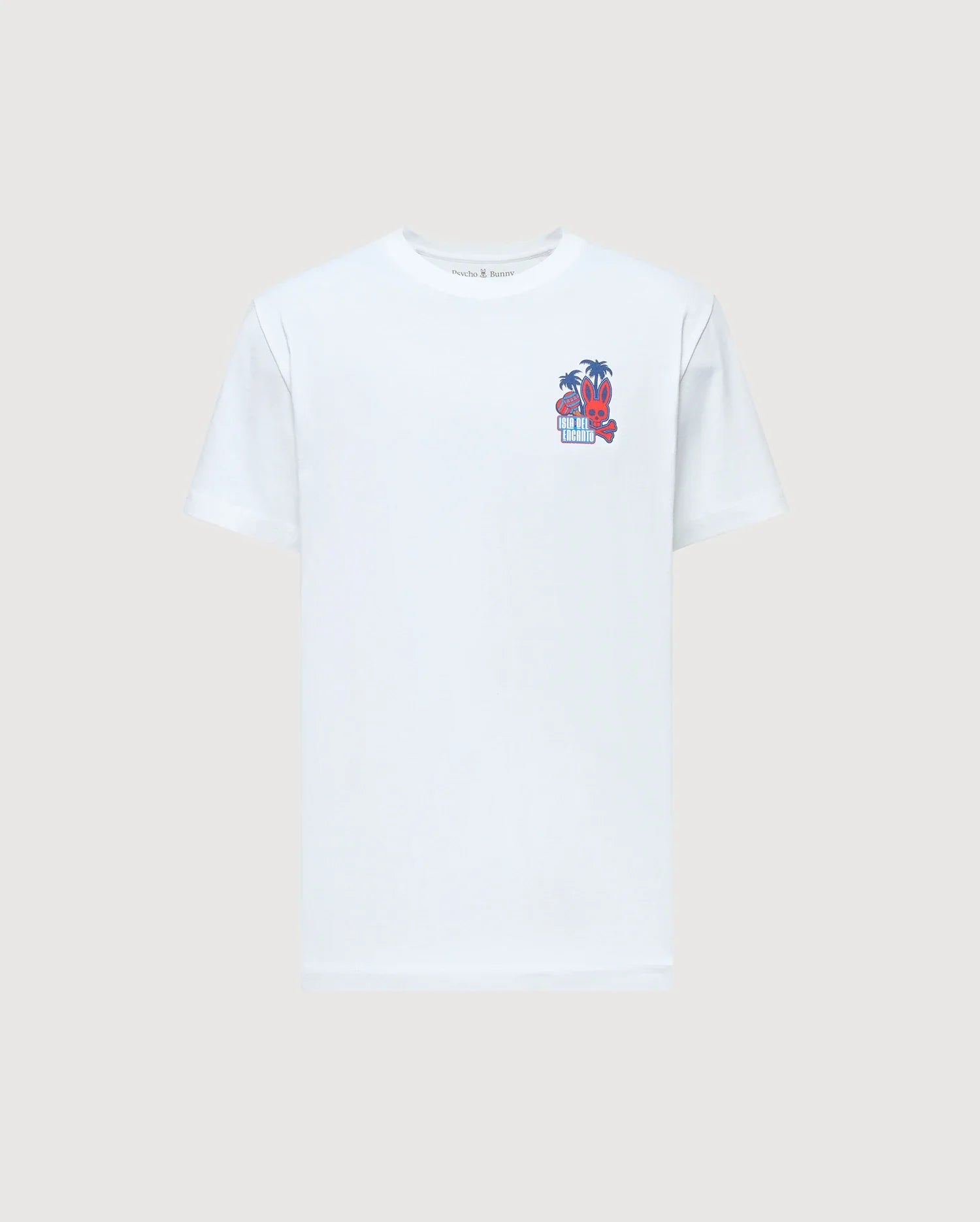 Celebrate Puerto Rican pride with the Psycho Bunny MENS PUERTO RICO TEE - B6U382F200, a white Pima cotton tee featuring a minimalist pink and blue graphic of palm trees and a building on the left chest.