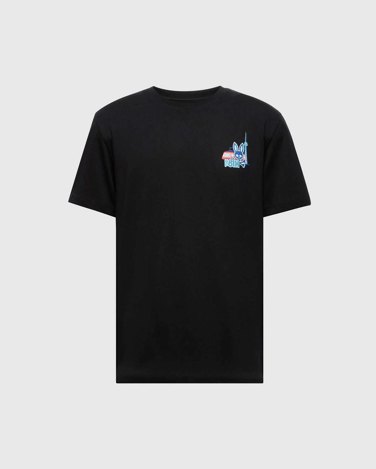 The Psycho Bunny MENS TORONTO TEE - B6U383F200 is a black Pima cotton T-shirt featuring a small hometown hero graphic with text on the upper left, elegantly contrasted by its pristine white background.