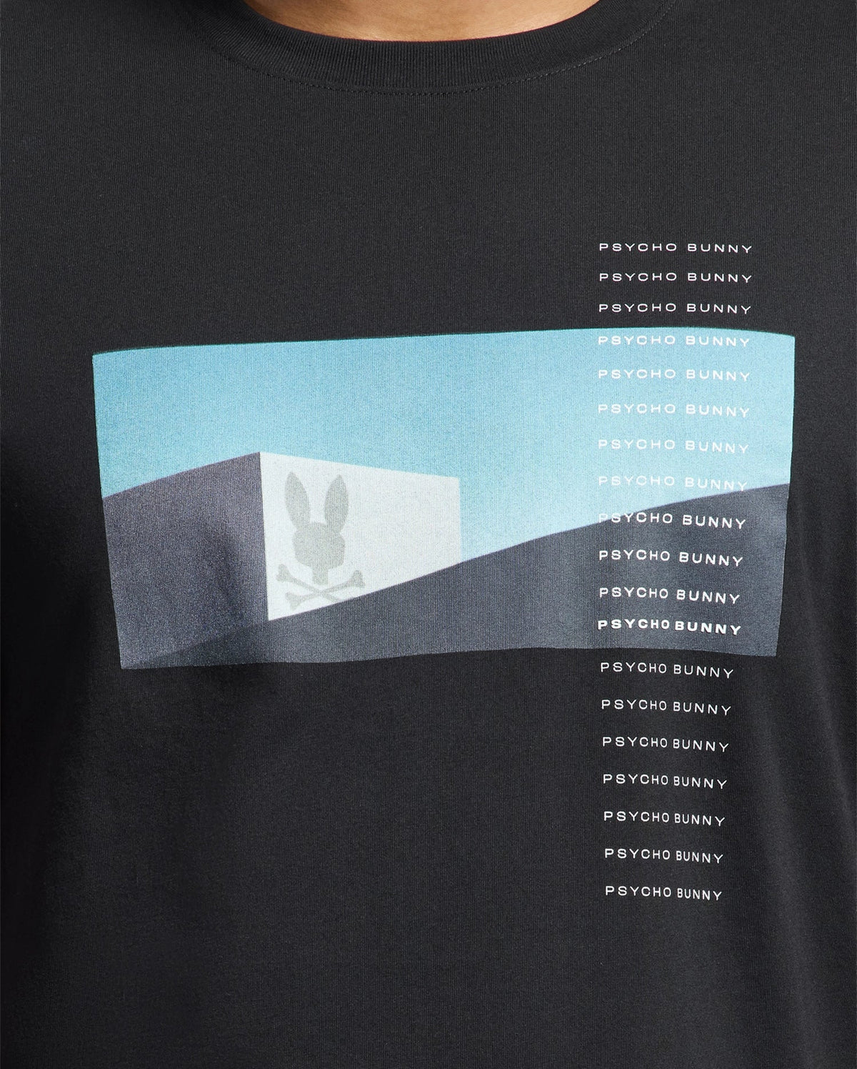 The Psycho Bunny Men's Neil Photo Real Tee (B6U389E200) features a black Pima cotton fabric with a rectangular graphic displaying a cube and bunny skull silhouette against a light blue sky. The brutalist-style design repeats vertically alongside the text "Psycho Bunny.