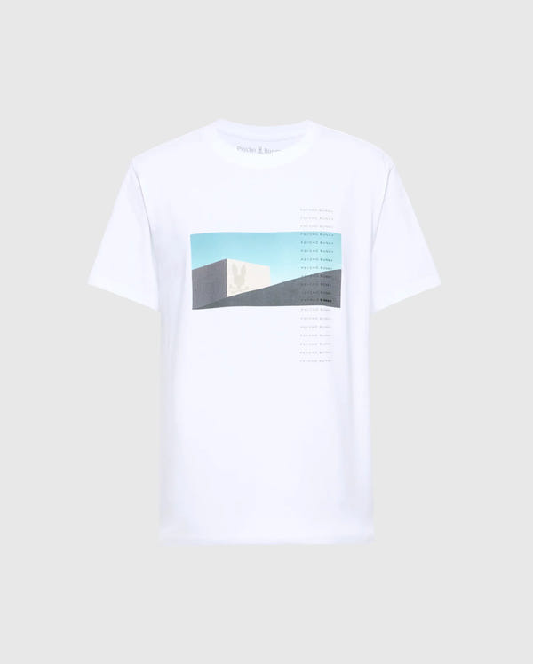 The Psycho Bunny MENS NEIL PHOTO REAL TEE - B6U389E200 is a white tee made from soft Peruvian Pima cotton, featuring an abstract rectangular design with a pale green cactus silhouette and a gradient blue-to-beige background, accented by artfully placed small text lines.