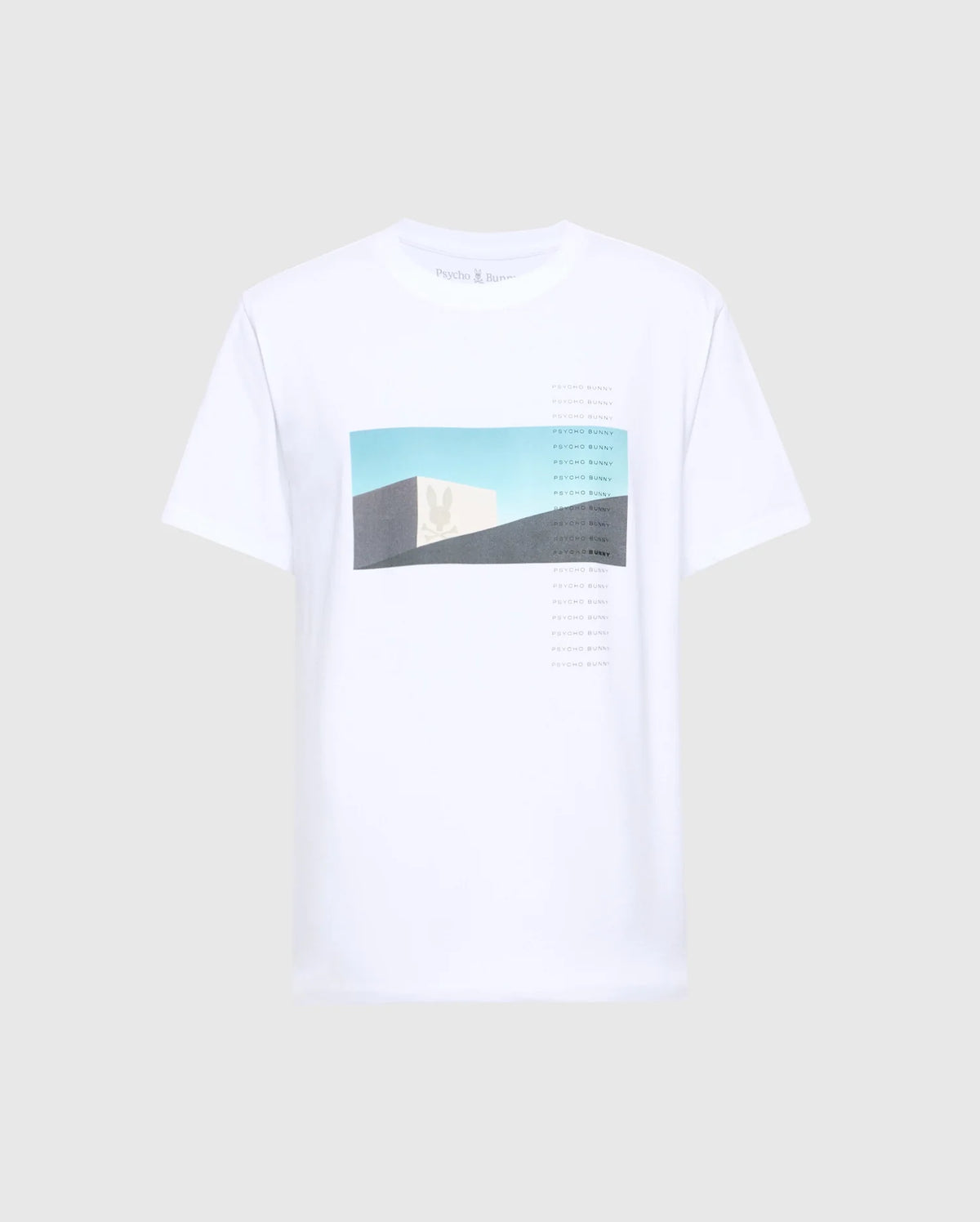 The Psycho Bunny MENS NEIL PHOTO REAL TEE - B6U389E200 is a white tee made from soft Peruvian Pima cotton, featuring an abstract rectangular design with a pale green cactus silhouette and a gradient blue-to-beige background, accented by artfully placed small text lines.