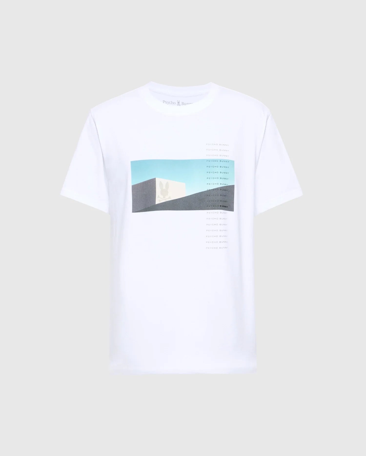 The Psycho Bunny MENS NEIL PHOTO REAL TEE - B6U389E200 is a white tee made from soft Peruvian Pima cotton, featuring an abstract rectangular design with a pale green cactus silhouette and a gradient blue-to-beige background, accented by artfully placed small text lines.
