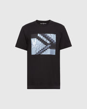 The MENS DEAN PHOTO REAL TEE by Psycho Bunny is a stylish black Pima cotton jersey featuring a rabbit silhouette and geometric staircase patterns in blue and gray.