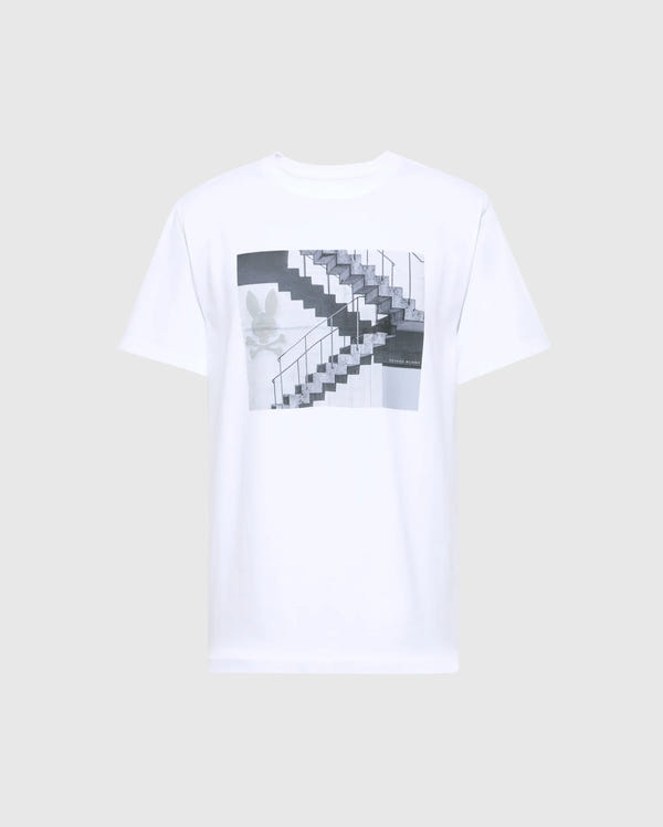 Psycho Bunny's MENS DEAN PHOTO REAL TEE - B6U390E200 is a white Pima cotton T-shirt featuring an urban geometric print of a black and white staircase with handrails, accented by a subtle floral design on the left side.