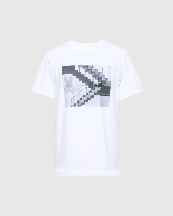 Psycho Bunny's MENS DEAN PHOTO REAL TEE - B6U390E200 is a white Pima cotton T-shirt featuring an urban geometric print of a black and white staircase with handrails, accented by a subtle floral design on the left side.