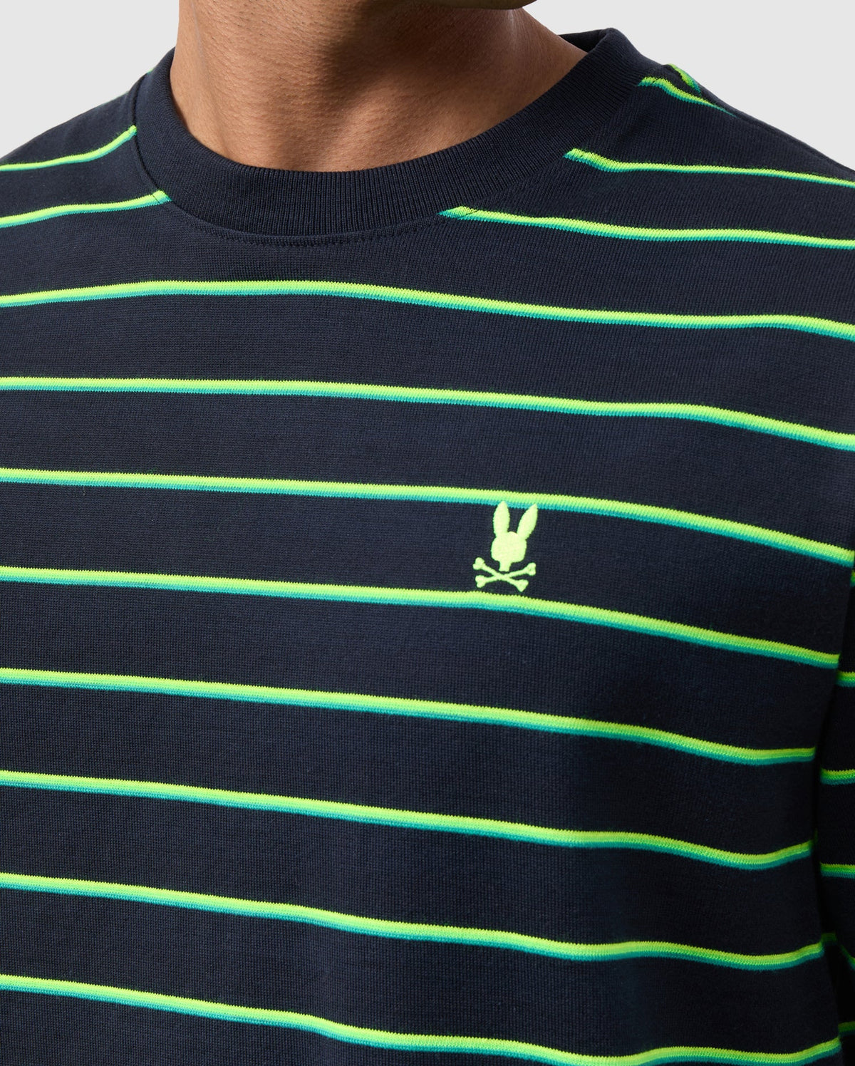 Close-up of a person wearing the Psycho Bunny MENS ALTON STRIPE OVERSIZED TEE - B6U409C200 in a navy blue and green striped shirt in a relaxed fit, featuring 90s-inspired two-tone stripes and a small embroidered yellow skull and crossbones logo on the chest. The person's face is not visible.
