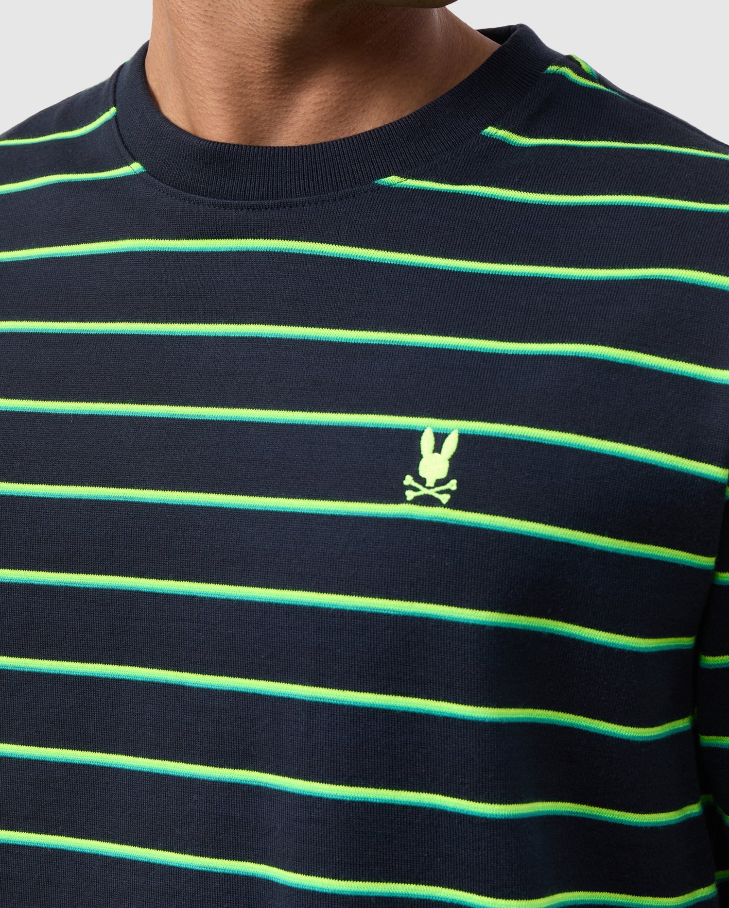 Close-up of a person wearing the Psycho Bunny MENS ALTON STRIPE OVERSIZED TEE - B6U409C200 in a navy blue and green striped shirt in a relaxed fit, featuring 90s-inspired two-tone stripes and a small embroidered yellow skull and crossbones logo on the chest. The person's face is not visible.
