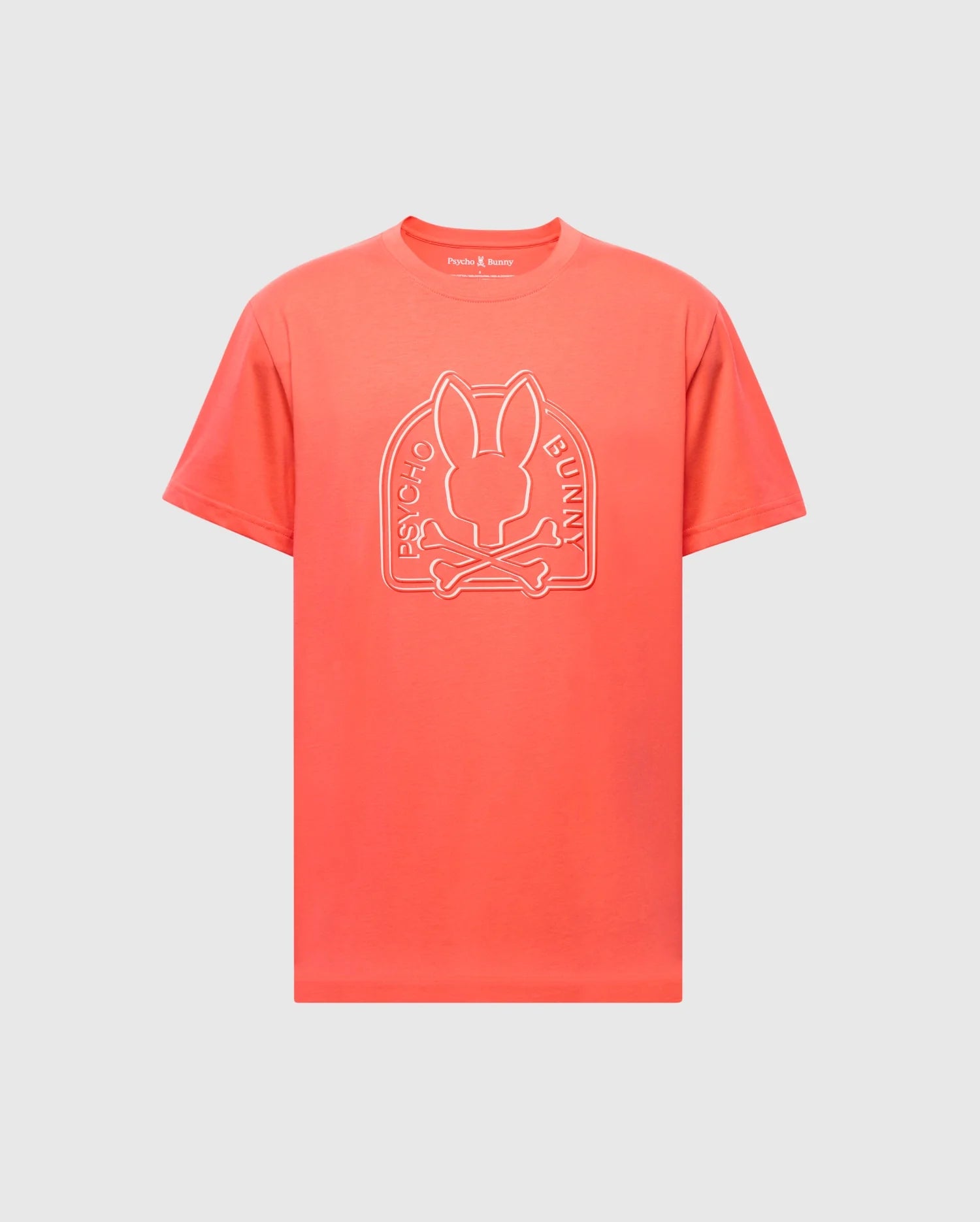 The MENS MELBOURNE GRAPHIC TEE (B6U410F200) by Psycho Bunny is a red T-shirt made from eco-friendly Peruvian Pima Cotton, featuring a white bunny logo with "Psycho Bunny" on the chest, displayed against a plain background.