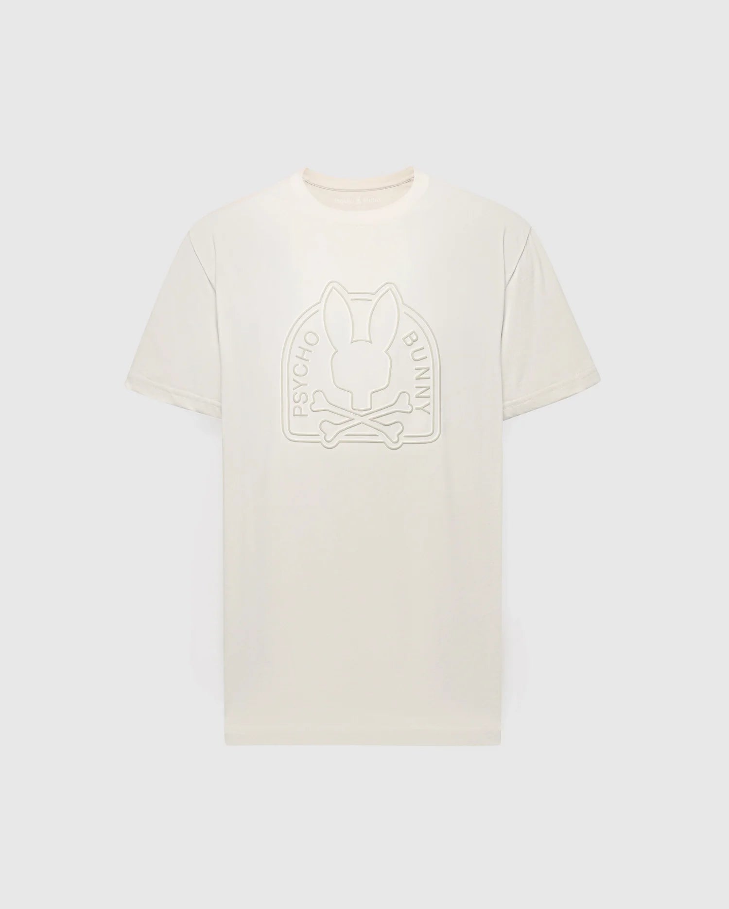 The MENS MELBOURNE GRAPHIC TEE by Psycho Bunny is a beige T-shirt made from Peruvian Pima cotton. It features an embossed rabbit and crossbones design, encircled by "Psycho Bunny," set against a light grey background in an eco-friendly style.