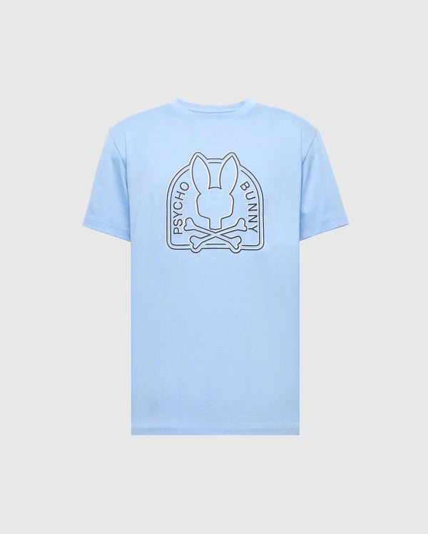 The Psycho Bunny MENS MELBOURNE GRAPHIC TEE - B6U410F200, in light blue, features a bold stylized bunny head with ears and crossbones graphic on the back. Made from Peruvian Pima cotton, it embodies a playful twist with "Psycho Bunny" text.