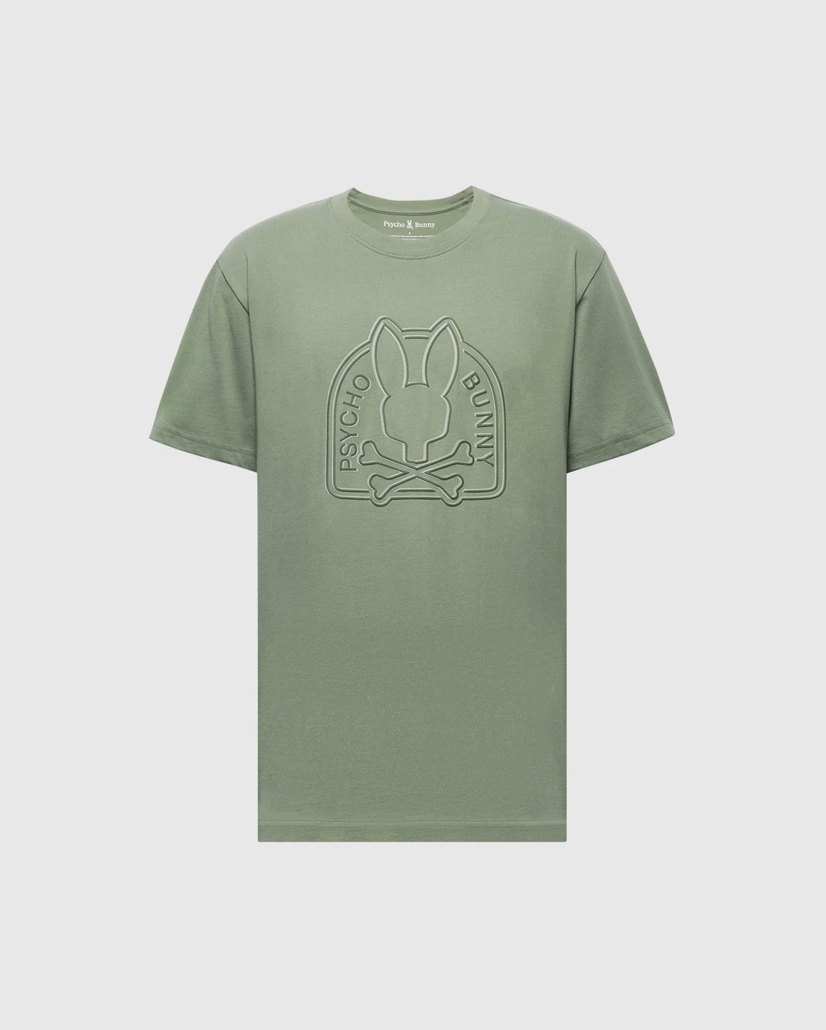 The Mens Melbourne Graphic Tee by Psycho Bunny features a large rabbit with crossbones emblem and "Psycho Bunny" text on the front. It's eco-friendly, crafted from Peruvian Pima cotton, in green with a light gray background.