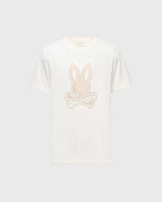 Check out the Psycho Bunny MENS NEW CASTLE GRAPHIC TEE, B6U415F200. This white Pima cotton T-shirt features an embroidered bunny head with ears and crossed bones in light beige, elegantly centered on the front.