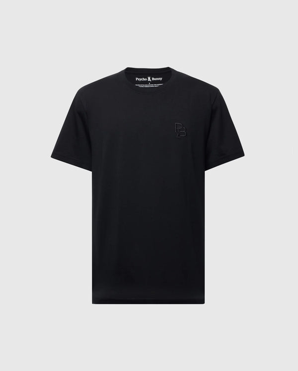 The Psycho Bunny MENS NICHOLSON PB CHEST GRAPHIC TEE - B6U416F200 is a black, regular fit T-shirt made from soft Pima cotton. It features subtle embroidered "PB" initials on the upper left and is displayed against a light gray background.