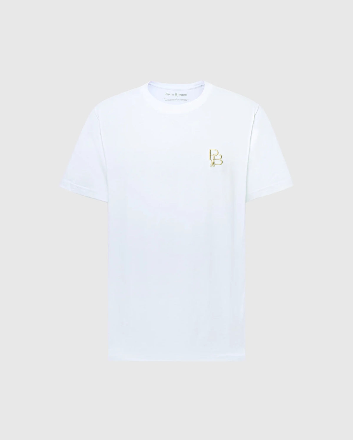 The MENS NICHOLSON PB CHEST GRAPHIC TEE by Psycho Bunny features a small gold "B B" logo on the left chest. Made from premium Pima cotton, this stylish white tee stands out against a gray background.