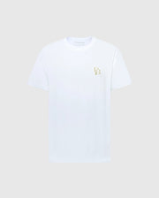 The MENS NICHOLSON PB CHEST GRAPHIC TEE by Psycho Bunny features a small gold "B B" logo on the left chest. Made from premium Pima cotton, this stylish white tee stands out against a gray background.