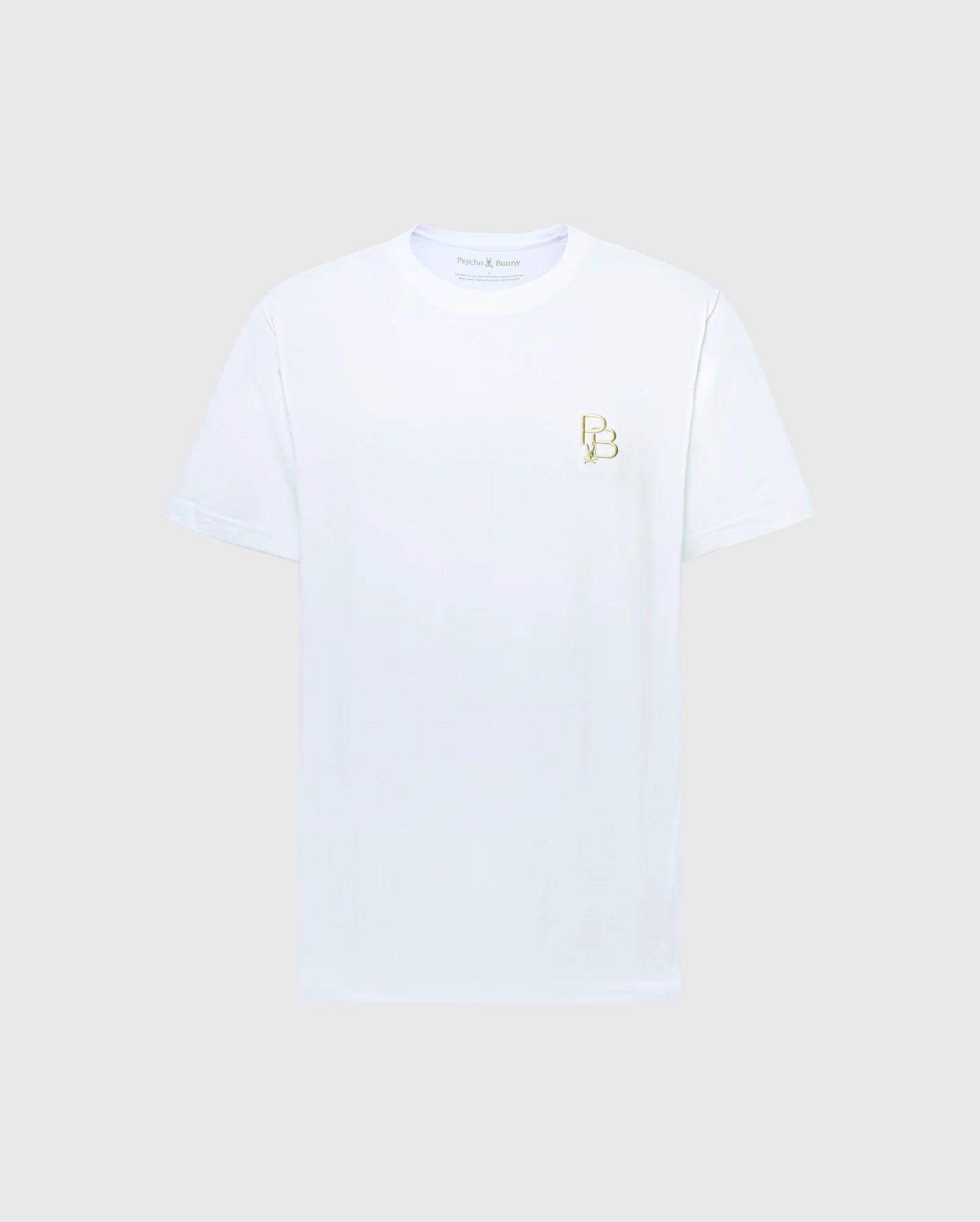 The MENS NICHOLSON PB CHEST GRAPHIC TEE by Psycho Bunny features a small gold "B B" logo on the left chest. Made from premium Pima cotton, this stylish white tee stands out against a gray background.