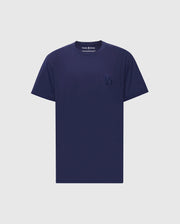 The Psycho Bunny MENS NICHOLSON PB CHEST GRAPHIC TEE - B6U416F200 is a plain navy blue T-shirt made of soft Pima cotton with short sleeves and a small embroidered logo on the left chest, set against a light gray background.